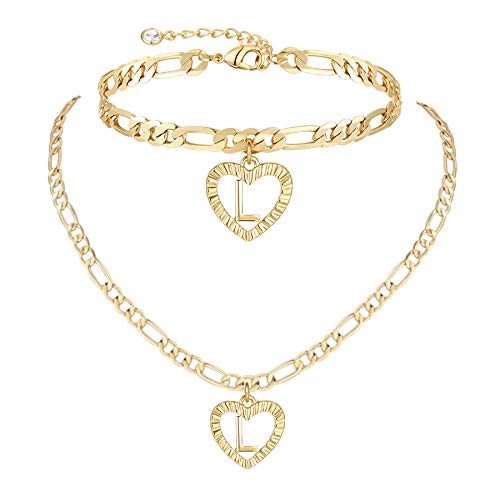 YANODA Gold Initial Pendant Necklace Anklet Bracelet for Women 14K Gold Plated Figaro Chain Letter Initial Heart Necklace Anklets Alphabet Foot Jewelry Personalized Jewelry for Women - style: L