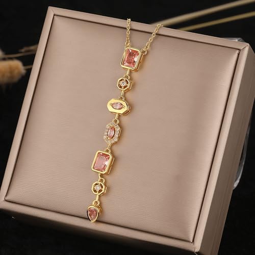 18K Gold Plated Seven Chakra Necklace for Women, Dainty Y Necklace Lariat Drop Pendant, Crystal Healing Yoga Jewelry Gifts - color: Gold Pink