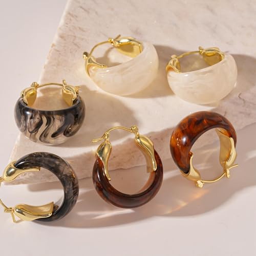 Brown Earrings for Women Chunky Gold Statement Earrings Small Gold Hoop Earring Resin Huggie Earring Square Hoop Trendy Jewelry Gifts for Women Everyday Wear - color: WHITE