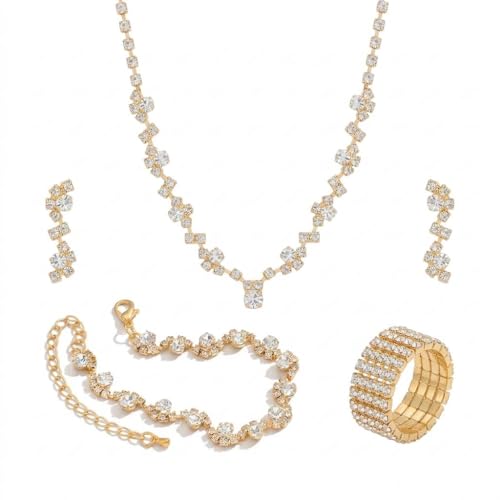 Wedding Jewelry Sets for Brides Rhinestone Necklace and Earring Set Bracelet Ring Gold Silver Prom Jewelry Sets Diamond Flower Teardrop Necklace for Women - color: Style1-Gold-4pcs Wide