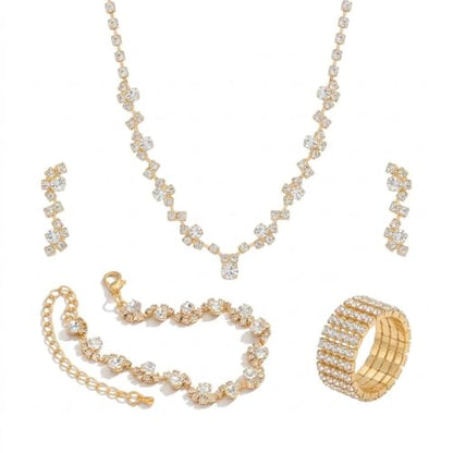 Wedding Jewelry Sets for Brides Rhinestone Necklace and Earring Set Bracelet Ring Gold Silver Prom Jewelry Sets Diamond Flower Teardrop Necklace for Women - color: Style1-Gold-4pcs Wide