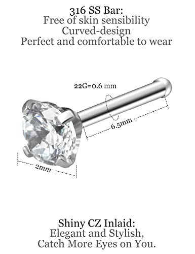 18G 20G 22G Nose Rings Studs with Cubic Zirconia 316L Surgical Steel Straight Screw L Shaped Nose Studs Piercing Jewelry for Women Men Girl CZ 1.5mm 2mm 2.5mm 3mm 20Pcs - color: A:22G Straight- Silver 2mm