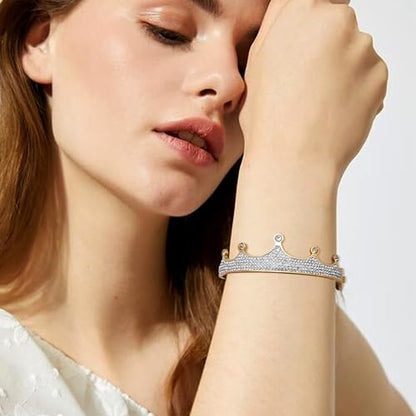 14k Gold Plated Cubic Zirconia Bangle Classic Bracelets for Woman, Sparkly Rhinestones Crown Bangle Stainless Steel Stackable Cuff Bracelet Trendy Statement Jewelry Gifts - color: GoldCrown