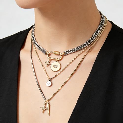 Gold Layered Necklaces for Women,Tone Mixed Metal Chunky Necklace | Paperclip Chain Silver Coin Pendant,Trendy Statement Jewelry Gift