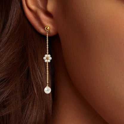 IMBOS Pearl Earrings 14k Gold Plated Daisy Flower Stud Earrings for Women Ball Stud Flat Back Earring Hypoallergenic Statement Earring Trendy Jewelry Gift for Women - color: Gold-Dangle Pearl Flower