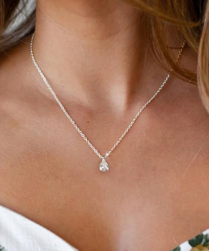 Gold Silver Necklace for Women, Dainty Cubic Zirconia Pendant | Teardrop CZ Charm, 14K Gold/Sterling Silver Plated, Adjustable Chain, Hypoallergenic & Waterproof Jewelry, Cute Trendy Gift - color: Silver-CZ teardrop/cable chain
