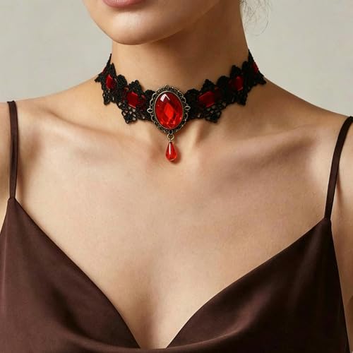 Black Necklaces for Women,Adjustable Layered Collar,Goth Jewelry - color: Red Gem