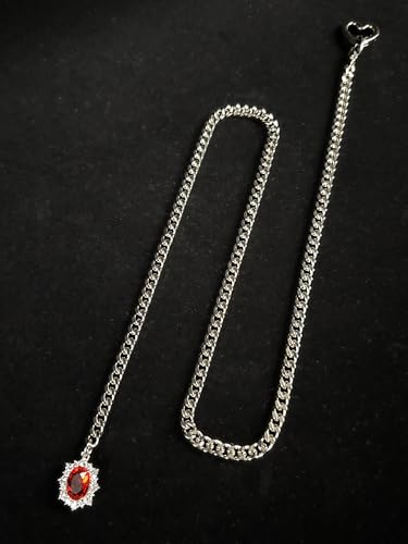 Women's Heart O-Ring Slip Chain Necklace, Double Layered Adjustable 39'' Cuban Chain with Detachable Heart Clasp and Colorful Rhinestone Pendant - color: 25'' Silver-Royal Red