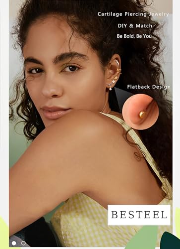 Besteel 27Pcs Flat Back Earrings Hypoallergenic Surgical Steel Stud Earring Stacks Set Dainty Chain Dangle Cartilage Tragus Daith Helix Piercing Jewelry for Women Men Trendy 16G - color: Gold