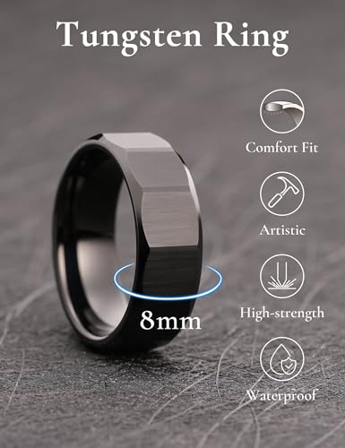 King Will Classic Tungsten Carbide Ring Brushed Two Grooved Center Hammered Design Mens Wedding Band for Men | Black/Silver/Gold, 8mm, Men's Wedding Band, Grooved, Comfort Fit, Everyday Wear - color: E-Black Hammerd Design