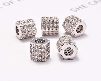 AD Beads Zircon Pave Rhinestones Big Hole Hexagon Spacer Beads 7x8mm 5Pcs Clear on Silver - color: 5 Pcs Clear on Silver Hexagon (7x8mm)