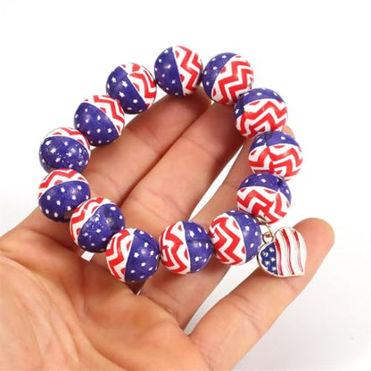 Independence Day Wooden Beaded Bracelet for Women American Flag Red White Blue Beads Stretch Bracelet with Star Heart Charms 4th of July Jewelry - color: Heart