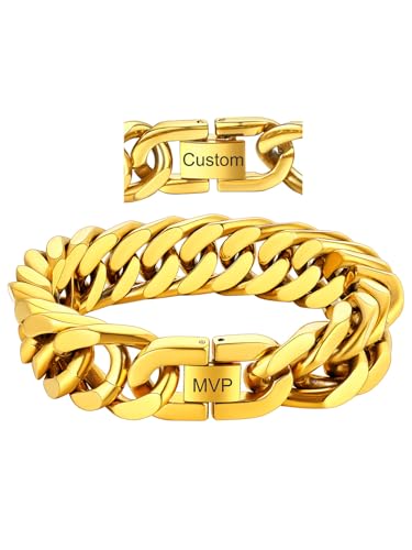 ChainsHouse Stainless Steel Cuban Link Bracelet, 6mm/8mm/12mm/17mm Width, 7.5"/8.3"/9", Black/ 18K Gold Plated Chain Wrist Bracelets for Men Women, Send Gift Box - color: X: Gold-17mm width-custom