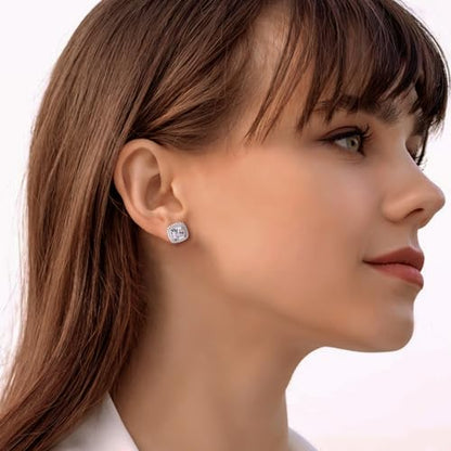 Dainty Birthstone Earrings for Women Sterling Silver Small Stud Earrings with Halo Cushion/Round Created Gemstone Earrings Birthstone Jewelry - style: A 04. Apr./cubic zirconia-cushion cut