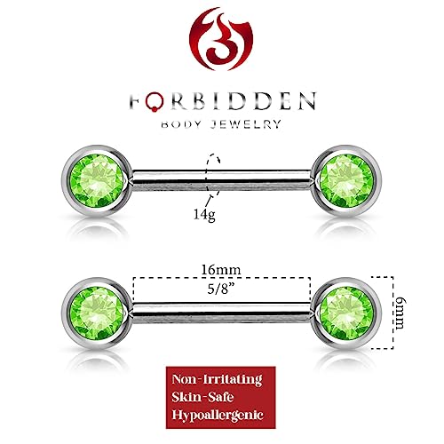 Forbidden Body Jewelry 14g Nipple Ring Barbells Set of 2, Pair of CZ 16mm (5/8 Inch) Barbells with 6mm Balls - color: Green