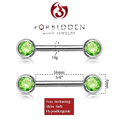 Forbidden Body Jewelry 14g Nipple Ring Barbells Set of 2, Pair of CZ 16mm (5/8 Inch) Barbells with 6mm Balls - color: Green