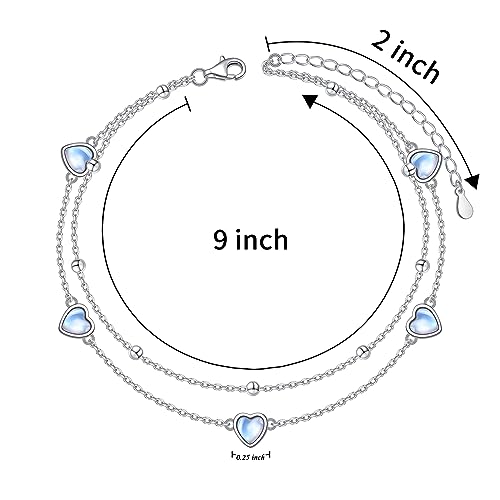 Flyow Anklet for Women S925 Sterling Silver Adjustable Foot Beaded Heart Charm Ankle Bracelet Anklets Jewelry - style: heart moonstone