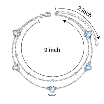 Flyow Anklet for Women S925 Sterling Silver Adjustable Foot Beaded Heart Charm Ankle Bracelet Anklets Jewelry - style: heart moonstone