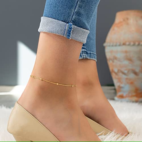 NONAMOIS Ankle Bracelets for Women Dainty 18K Gold Plated Anklet | Stainless Steel Waterproof Satellite Beaded Pearl Star Cross Chain Anklets Non Tarnish Summer Beach Foot Jewelry Gifts - color: Beaded-GD