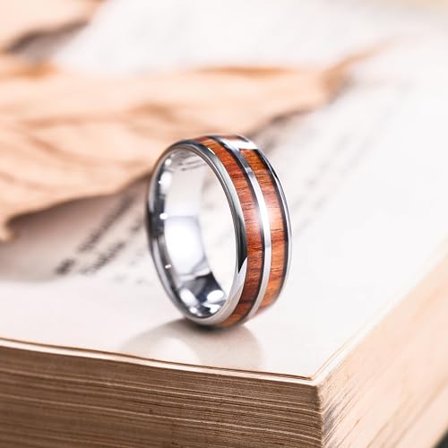 THREE KEYS JEWELRY Tungsten Wedding Band Koa wood Inlay Black Domed | 4mm, 6mm, 8mm, Everyday Wear, Black, Domed, Koa wood inlay - color: Wood Line 8mm