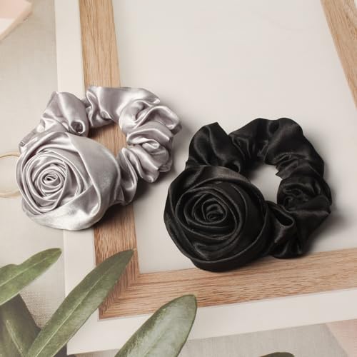 Scrunchie with Flowers, Women's Rose Ponytail Holders, Elastic Hair Bands and Ribbons Hair Accessories Pack of 6 | Fabric Scrunchies, Ponytail Holders Elastic Hair Bands, Flower Hair Tie, Hair Ribbon Scrunchie, Hair Accessories