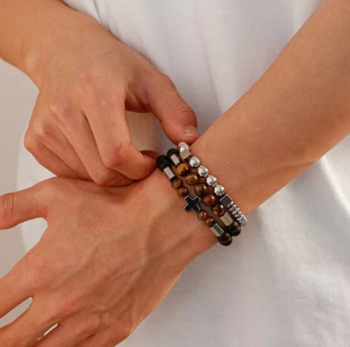 3 PCS Triple Protection Bracelet Set for Men Tiger Eye, Hematite, Onyx Beaded Natural Stone Healing Crystals Jewelry Fathers Days Gift, Christmas, Baptism, Birthday