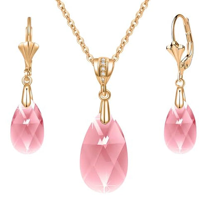 Austrian Crystals Teardrop Pendant Necklace Earrings for Women 14K Gold Plated Hypoallergenic Leverback Drop Dangle Earrings Jewelry Set - color: Pink