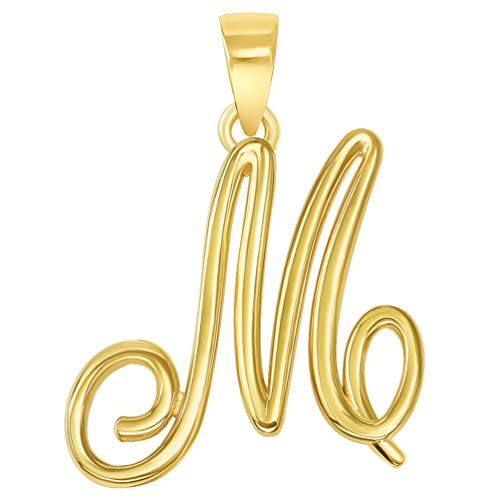 Jewelry America Solid 14k Yellow Gold Elegant Script Letter Cursive Initial Pendant - A to Z - style: M