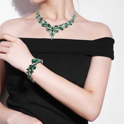 Crystal Bridal Jewelry Set, Floral Statement Necklace, Earrings, Bracelet, Wedding Accessories - color: Green