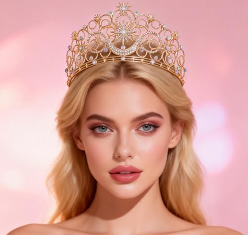 Crystal Crowns for Women, Crystal Bubble TiaraBride Royal Queen Headband Princess Headpieces for Women Bridal Wedding Prom Birthday Party Crowns - color: Rose Gold Star & Moon Crown