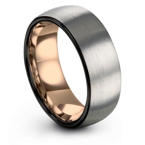 Tungsten Wedding Band Ring 10mm 8mm 6mm 4mm for Men Women 18k Rose Gold Plated Dome Black Grey Brushed Polished - color: 6 Rose Gold Black Grey Tungsten