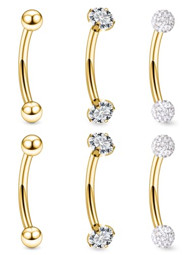18G 16G 14G Eyebrow Ring Piercing Jewelry Surgical Steel Internal Thread Vertical Labret Lip Ring Rook Daith Earrings Belly Button Ring Piercing Jewelry for Women Men CZ Silver Black Gold - color: Gold, size: 14G, 6mm Length