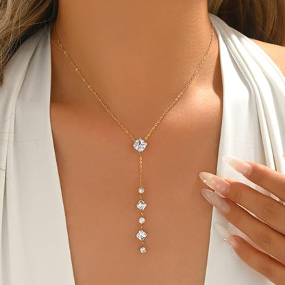 Lariat Necklaces for Women 18K Gold Plated Cubic Zirconia Heart Necklaces Dainty Star Lightning Sun and Moon Necklace Trendy Y Shaped Drop Diamond Necklace - color: CZ Y Necklace-Gold