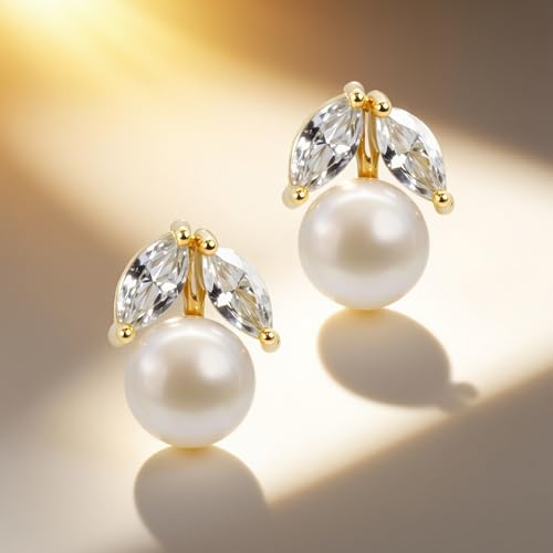 Petite Pearl Drop Earrings for Women - Real Freshwater Cultured Pearls Collection, S925 Sterling Silver Hypoallergenic Posts, 18K Gold Plated Dainty Jewelry - color: White and Golden