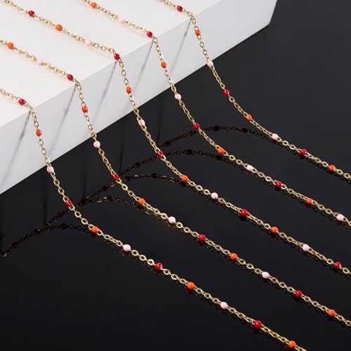 KYUNHOO 16.4FT Gold Plated Stainless Steel Enamel Jewelry Making Chain Roll | Colorful Beaded Chain Links for Jewelry Crafts Making with Lobster Clasps Jump Rings - color: gold-red orange