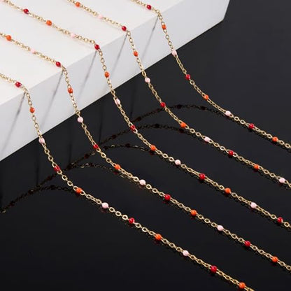 KYUNHOO 16.4FT Gold Plated Stainless Steel Enamel Jewelry Making Chain Roll | Colorful Beaded Chain Links for Jewelry Crafts Making with Lobster Clasps Jump Rings - color: gold-red orange