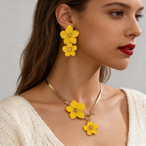 Colorful Flower Necklace Earrings Set for Women Gold Snake Chain Toggle Clasp Pendant Necklaces Dainty Double Flowers Statement Earrings Bridal Wedding Summer Beach Jewelry for Women - color: yellow