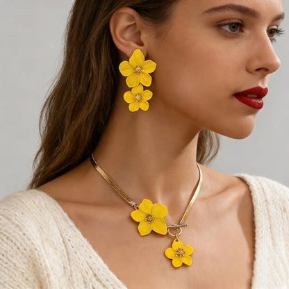 Colorful Flower Necklace Earrings Set for Women Gold Snake Chain Toggle Clasp Pendant Necklaces Dainty Double Flowers Statement Earrings Bridal Wedding Summer Beach Jewelry for Women - color: yellow