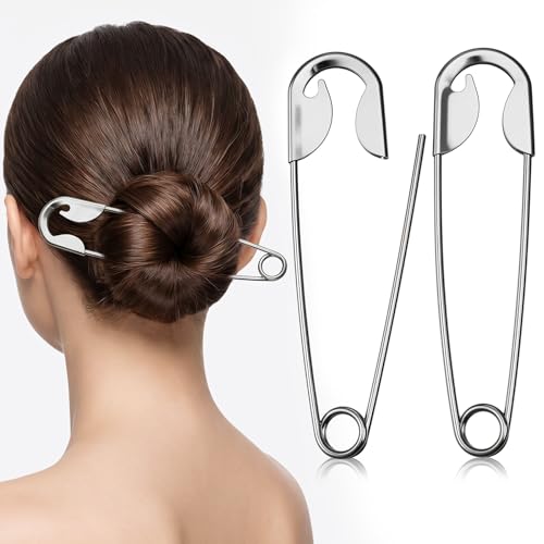 2 Pcs Safety Pin Hair Clip Metal Hair Pins Funny Giant Pin Shape Design Stick Goth Barrettes French Style HairStick Clip Hairdressing Tool Vintage Buns Accessories for Women Daily Decorative