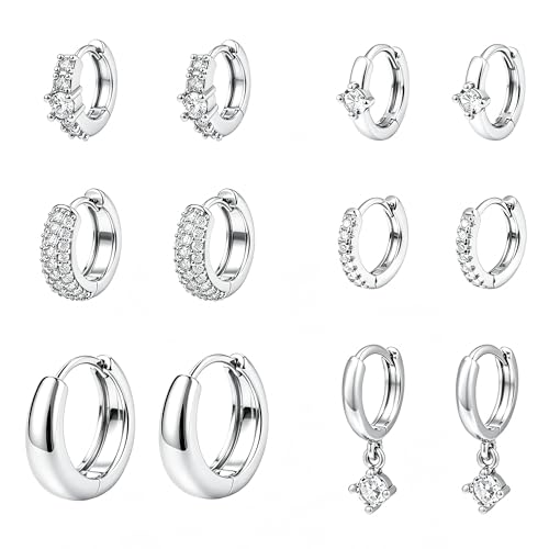 Wgoud 12 Pairs Small 14K Gold Plated Chunky Hoop Earrings for Women Hypoallergenic Lightweight Gold/Silver Hoop Earring Set for Sensitive Ears Trendy Cartilage Huggie Hoops Stacks for Multiple Piercing Jewelry - color: Silver-6 pairs- round