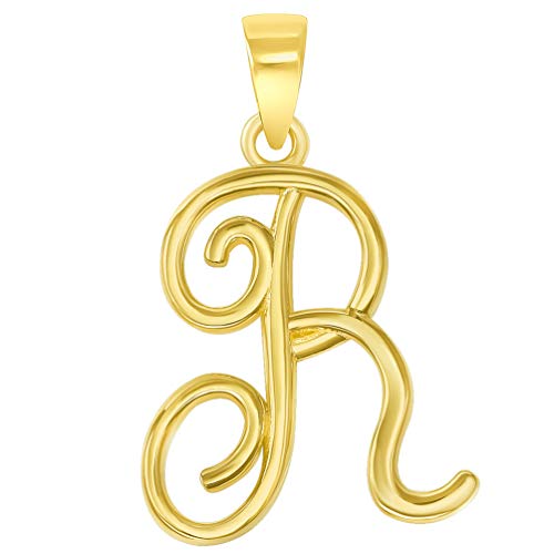 Jewelry America Solid 14k Yellow Gold Elegant Script Letter Cursive Initial Pendant - A to Z - style: R