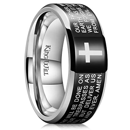 King Will Stainless Steel Men Ring Lord's Prayer Cross Ring Stainless Steel Men Wedding Ring, Wedding Band Bible Engraved Rings High Polished, Comfort Fit | 8mm, Gold/Silver/Black Wedding Band, Bible Engraved Rings, High Polished, Comfort Fit, Size 7-14 -