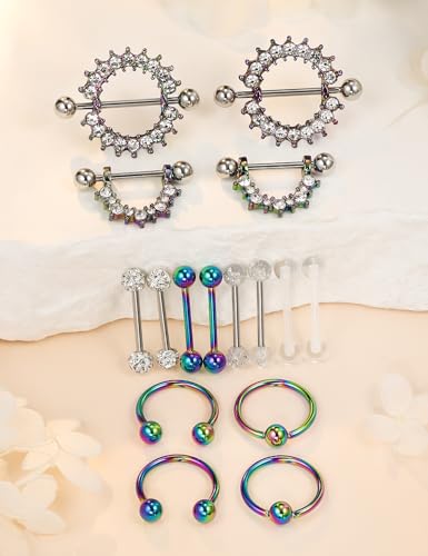 Cisyozi 16G 14G Nipple Piercing Jewelry Tongue Rings Hypoallergenic Surgical Steel Screw Nipple Tongue Shield Ring Barbell Body Piercing Jewelry Retainer for Women 9/16 Inch 14mm - color: E:14G(1.6MM)-8Pairs - Rainbow