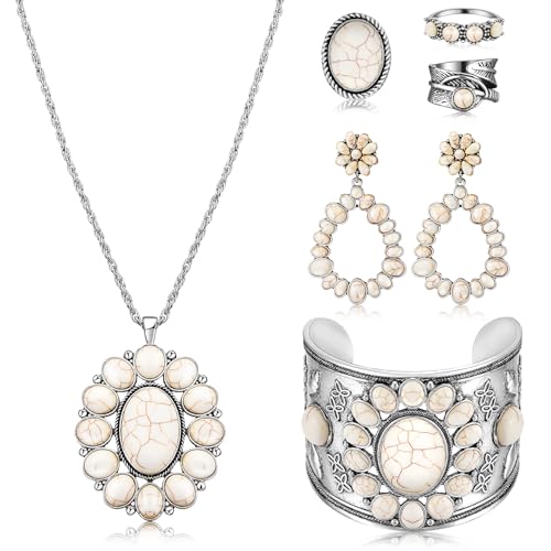 Ecally Bohemian Western Jewelry Turquoise Set Women Country Pendant Long Choker Layered Bracelets Earrings Ring for Women - color: White, style: Lovely