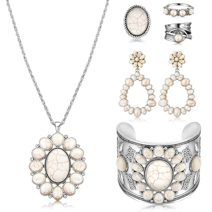 Ecally Bohemian Western Jewelry Turquoise Set Women Country Pendant Long Choker Layered Bracelets Earrings Ring for Women - color: White, style: Lovely
