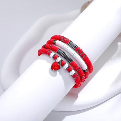 GOOJIDS Surfer Heishi Clay Bead Bracelets for Women Bohemian Stackable Gold Plated Beaded Stretch Bracelets Elastic Layering Friendship Bracelets Set Boho Jewelry - color: A-Red Heart Bracelet