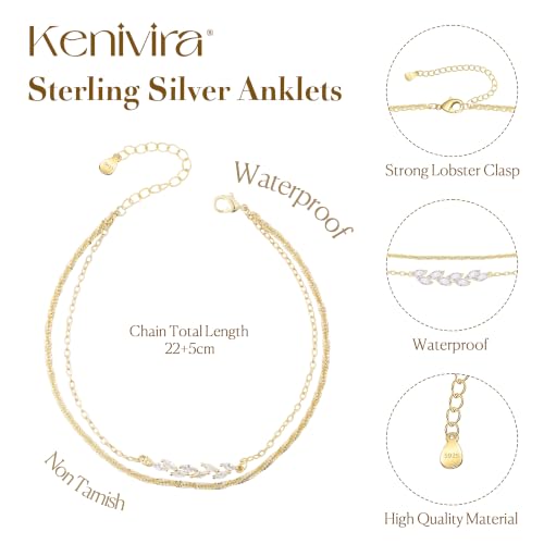 Kenivira 925 Sterling Silver Ankle Bracelets For Women Dainty Layered Waterproof 18K Gold Plated Anklets For Women Beach Adjustable Anklet Foot Jewellery - color: Gold