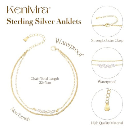 Kenivira 925 Sterling Silver Ankle Bracelets For Women Dainty Layered Waterproof 18K Gold Plated Anklets For Women Beach Adjustable Anklet Foot Jewellery - color: Gold