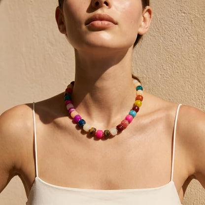 SHERLOVE Chunky Statement Large Resin Beaded Choker Necklaces for Women | Big Lightweight Bead Beaded Necklace Trendy Fashion Boho Summer Beach Vacation Jewelry - color: Beaded Choker Colorful