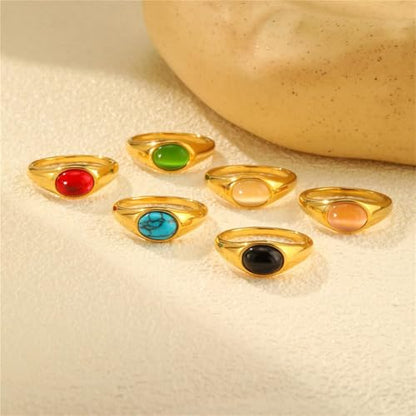 HIJONES Women's Stainless Steel Oval Opal Gemstone Dome Stacking Signet Ring Charming Wedding Jewelry - color: Green Stone